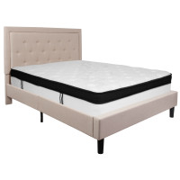 Flash Furniture SL-BMF-19-GG Roxbury Queen Size Tufted Upholstered Platform Bed in Beige Fabric with Memory Foam Mattress